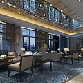Elegant Hotel Public Lounge Area With Chandeliers Sofas Armchairs And Decorative Paintings 3d model
