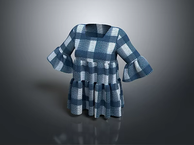 Stylish Blue and White Checkered Dress with Flared Bell Sleeves and Pleated Hem 3d model