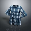 Stylish Blue and White Checkered Dress with Flared Bell Sleeves and Pleated Hem