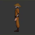 Elderly man in orange outfit with conical hat standing against gray background 3d model