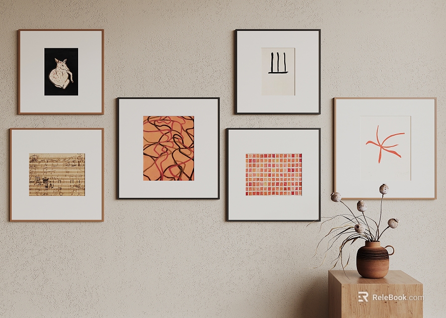 Abstract Paintings Hanging On Wall With Multiple Styles And Decorative Plant On Wooden Table 3d model 