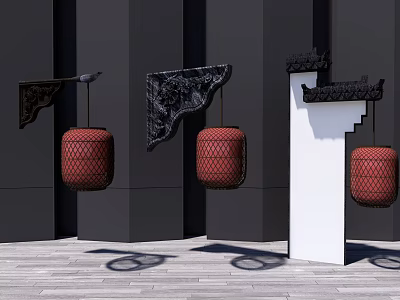 Red Lanterns With Decorative Carved Components On Black Background And White Pillar Wooden Floor 3d model
