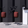 Red Lanterns With Decorative Carved Components On Black Background And White Pillar Wooden Floor