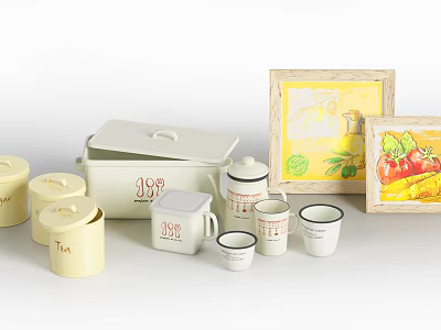 Vintage White Cups With Red Lettering Decorative Canisters And Framed Fruit Art 3d model