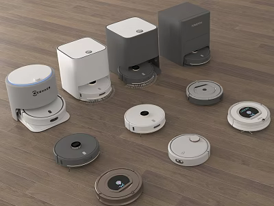 Smart Machines Various Robotic Vacuum Cleaners on Wooden Floor with Multiple Models 3d model