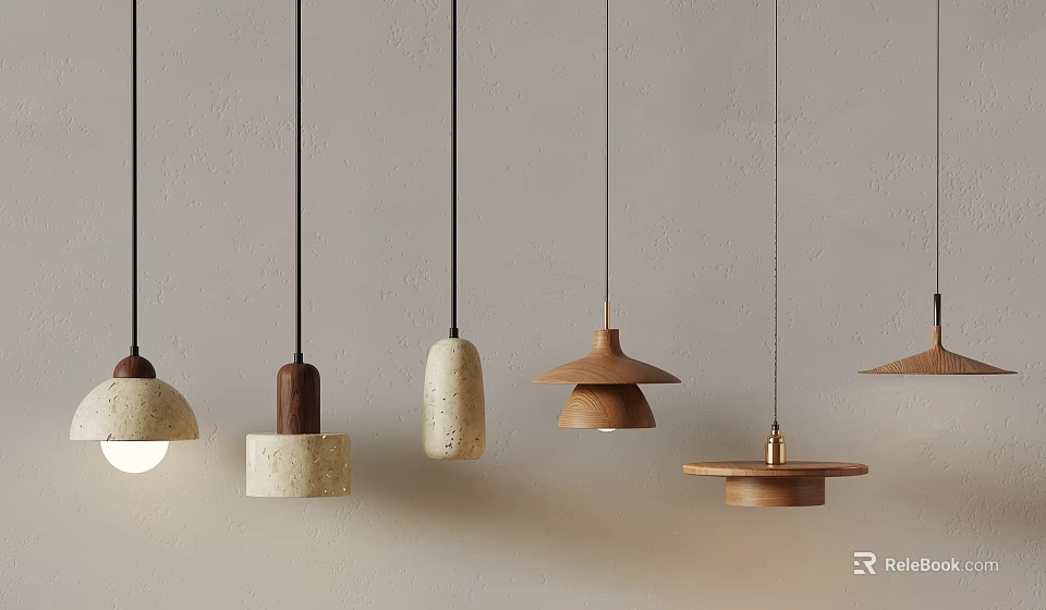 Modern Pendant Lights With Various Wooden And Stone Design Elements Hanging 3d model 