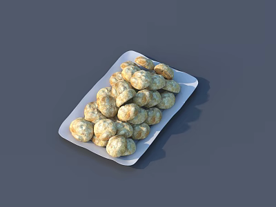 Natural Stone Wood Plate Holding Golden Spherical Food Snacks On Gray Background 3d model