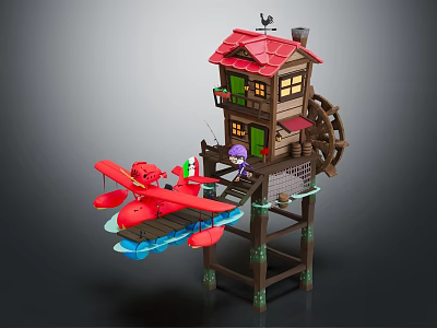 Cartoon Scene With Wooden Tower House Red Roof Green Windows Windmill Red Seaplane And Purple Character 3d model
