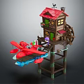 Cartoon Scene With Wooden Tower House Red Roof Green Windows Windmill Red Seaplane And Purple Character