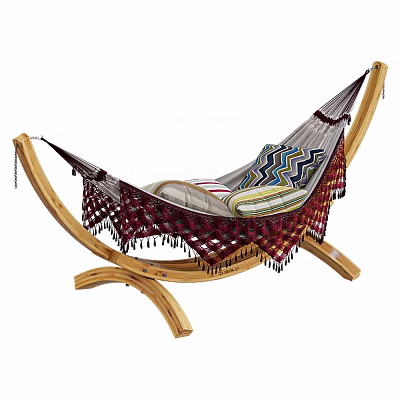 Comfortable Woven Hammock With Wooden Stand And Colorful Patterned Tassel Design 3d model