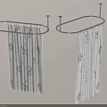 White Shower Curtains With Black Patterns In Bathroom Interior On Metal Circular Rods