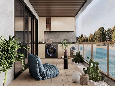 Home Balcony With Sea View Wooden Deck Blue Bean Bag Green Plants Washing Machine Cabinet 3d model