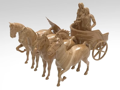 Wooden Sculpture of Four Horses Pulling Winged Chariot With Figures 3d model