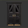 Dark Wooden Cabinet With Double Glass Doors Golden Handles And Rivet Details