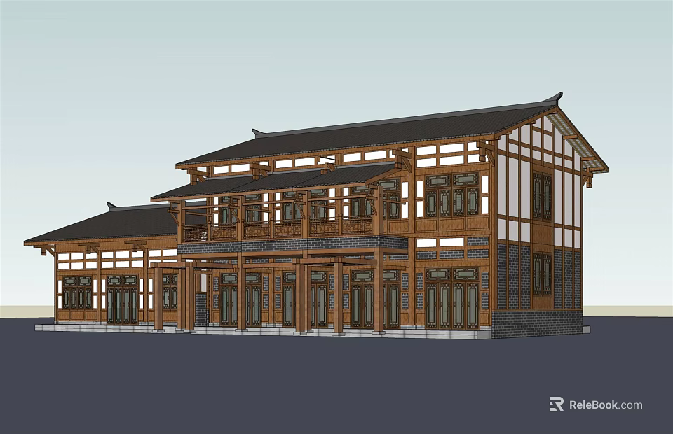 Traditional Chinese Wooden Architecture With Two Story Design Large Windows And Classic Eaves 3d model 