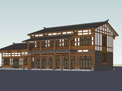 Traditional Chinese Wooden Architecture With Two Story Design Large Windows And Classic Eaves 3d model