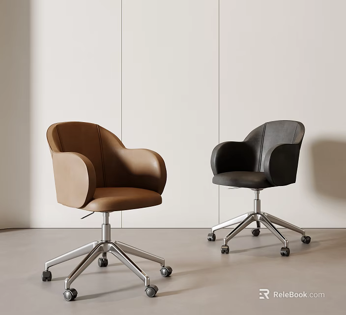 Modern Brown and Black Office Chairs with Armrests and Silver Wheeled Bases 3d model 