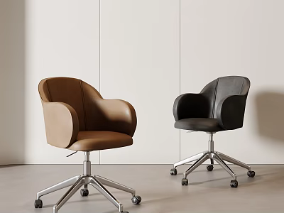 Modern Brown and Black Office Chairs with Armrests and Silver Wheeled Bases 3d model