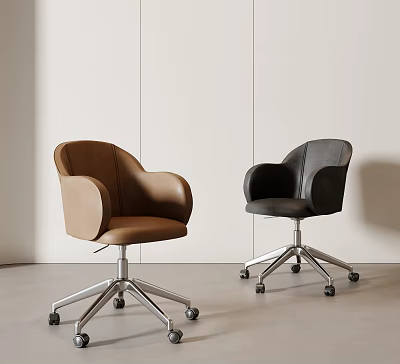 Modern Brown and Black Office Chairs with Armrests and Silver Wheeled Bases 3d model