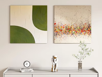 Abstract Paintings with Textured Green Beige Curves and Red Yellow Orange Colorful Splatter 3d model