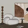 Beige Fluffy Single Sofa Interior Design With Abstract Wall Art Geometric Lamp And Side Table