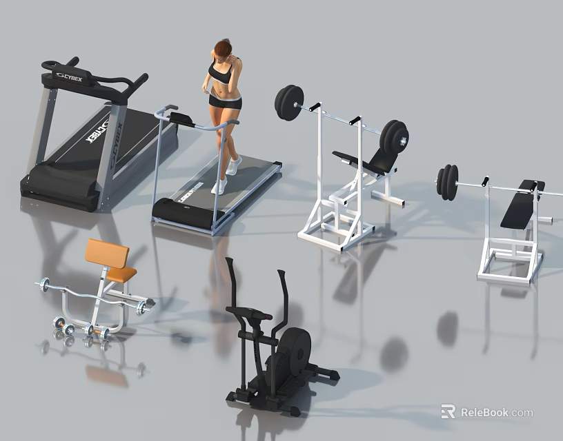 Home Gym Fitness Equipment Including Treadmill Barbell Weight Bench and Exercise Bike 3d model 