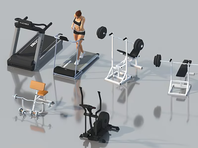Home Gym Fitness Equipment Including Treadmill Barbell Weight Bench and Exercise Bike 3d model
