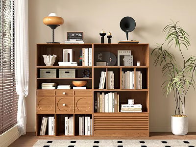 Warm Wooden Bookshelf With Multiple Shelves Drawers Stacks Of Books Decorative Lamp Candle Holders And Records 3d model