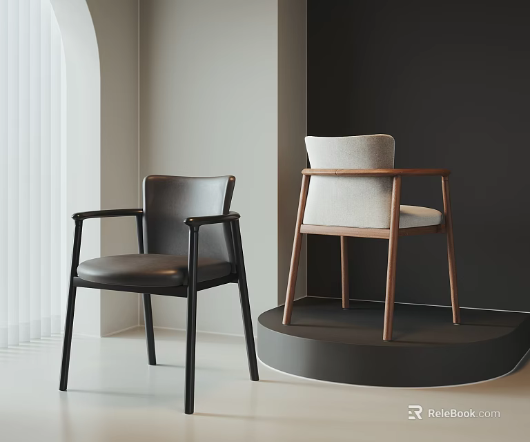 Modern Minimalist Leisure Chairs With Black Leather And Beige Fabric Walnut Legs In Interior 3d model 