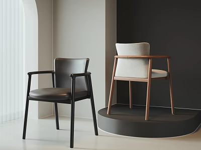 Modern Minimalist Leisure Chairs With Black Leather And Beige Fabric Walnut Legs In Interior 3d model