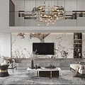 Duplex Living Room Interior With Marble Wall Chandelier Staircase And Sofa