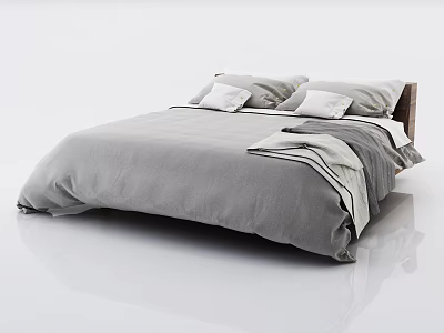 Double Bed With Gray Comforter Pillows And Folded Blanket In Minimalist Design 3d model