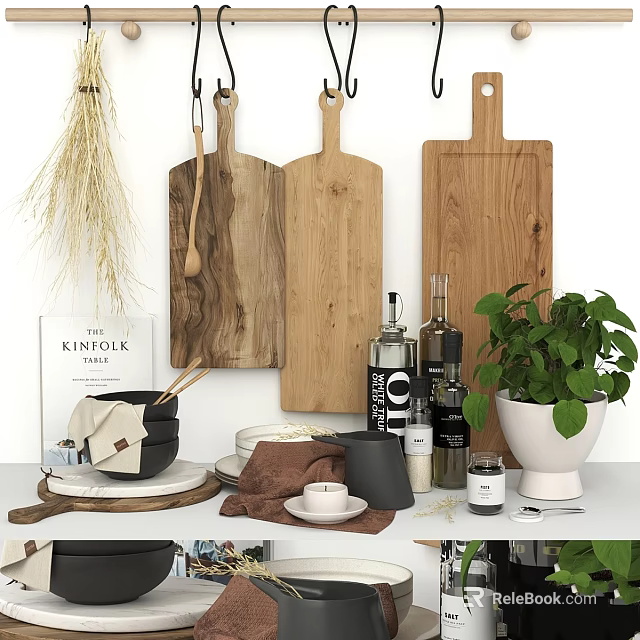 Tabletop Decorative Ornament Set With Wooden Boards Dried Grass Green Plant Book Bowls And Bottles 3d model 