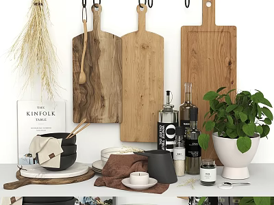 Tabletop Decorative Ornament Set With Wooden Boards Dried Grass Green Plant Book Bowls And Bottles 3d model