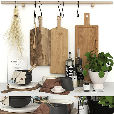 Tabletop Decorative Ornament Set With Wooden Boards Dried Grass Green Plant Book Bowls And Bottles 3d model