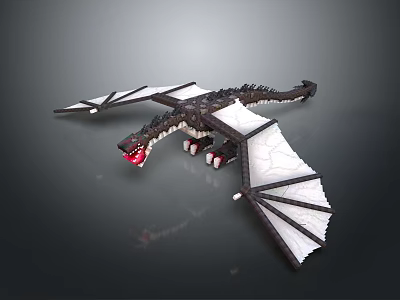 Brick Built Dragon Model with Black Body White Wings Red Mouth and Detailed Claws 3d model