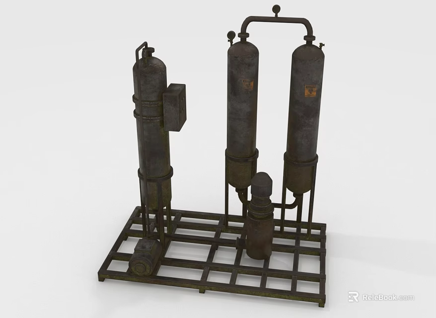 Rustic Industrial Equipment Setup With Cylindrical Tanks Pipes On Metal Frame 3d model 