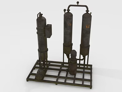 Rustic Industrial Equipment Setup With Cylindrical Tanks Pipes On Metal Frame 3d model