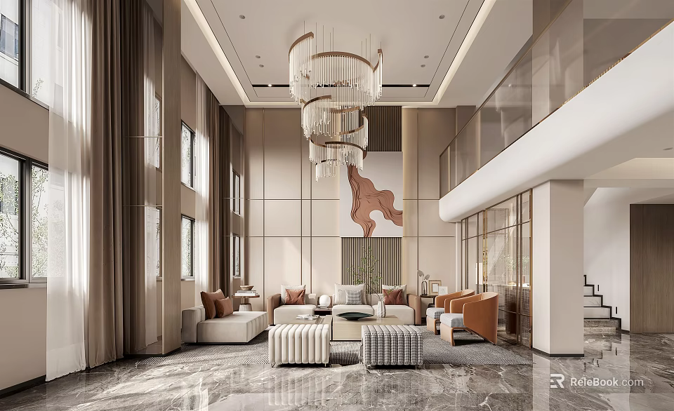 Modern Duplex Living Room Interior Design With Chandelier Sofa And Large Windows 3d model 