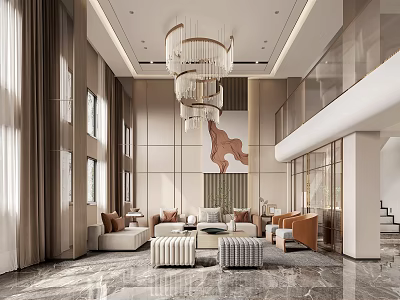 Modern Duplex Living Room Interior Design With Chandelier Sofa And Large Windows 3d model