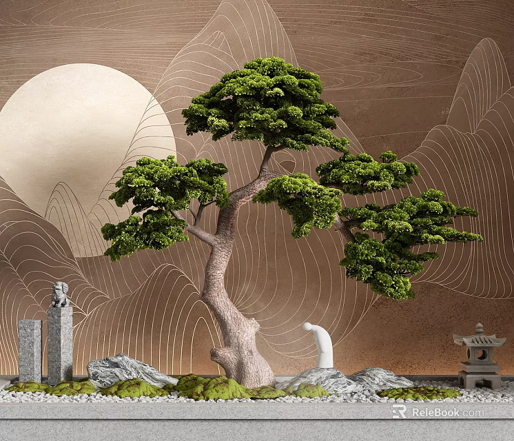 Zen Garden Ornaments With Bonsai Pine Stone Lantern Statue Moss And Moon Mountain Patterns 3d model 
