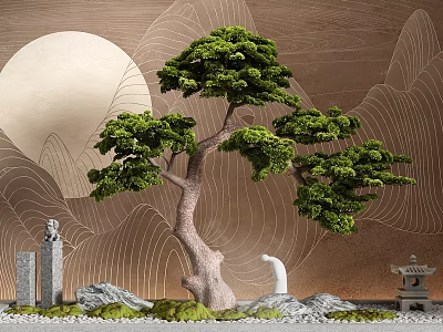 Zen Garden Ornaments With Bonsai Pine Stone Lantern Statue Moss And Moon Mountain Patterns 3d model
