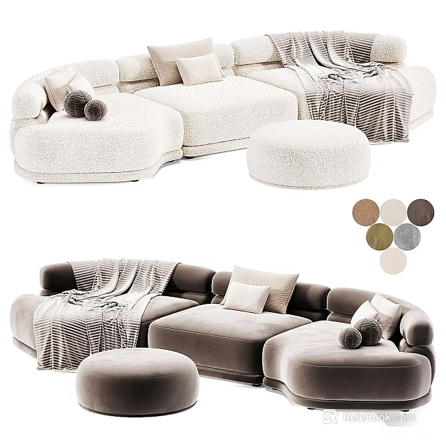 Plush Velvet Sectional Sofa With Neutral Tones Pillows Blanket And Ottoman Multiple Color Options 3d model 