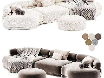 Plush Velvet Sectional Sofa With Neutral Tones Pillows Blanket And Ottoman Multiple Color Options 3d model