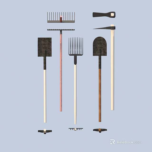 Essential Garden Hardware Tools Including Shovel Rake Fork Hoe And Wooden Handles 3d model 