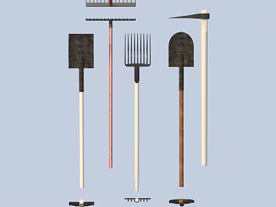 Essential Garden Hardware Tools Including Shovel Rake Fork Hoe And Wooden Handles 3d model