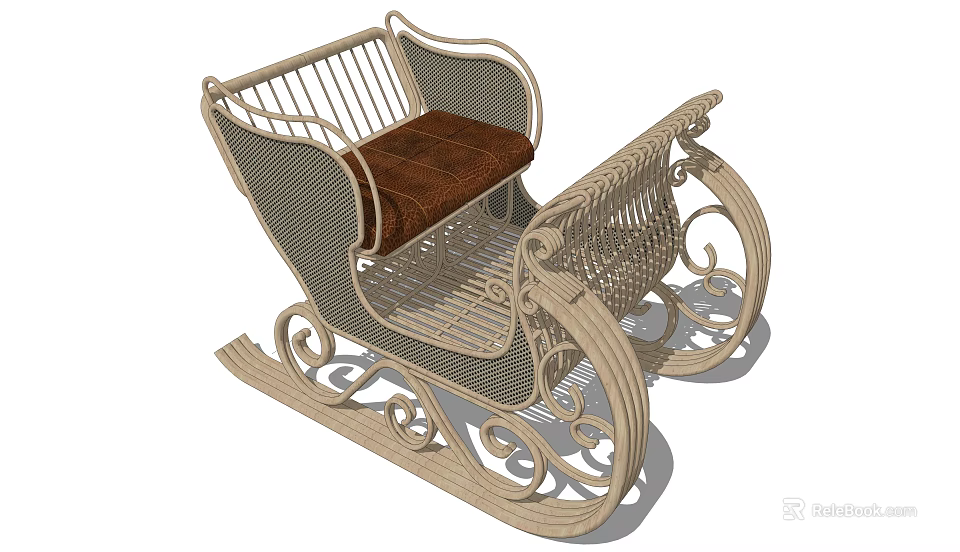 Outdoor Sleigh Shaped Woven Playground Equipment With Decorative Curved Design And Brown Cushioned Seat 3d model 