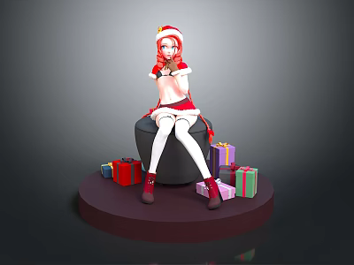 Child in Santa hat with red hair wearing Christmas costume sitting near colorful gift boxes 3d model