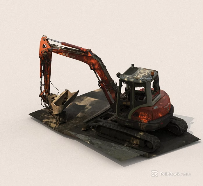 Red Crawler Excavator With Cab And Bucket In Working Condition On Platform 3d model