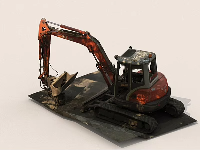 Red Crawler Excavator With Cab And Bucket In Working Condition On Platform 3d model